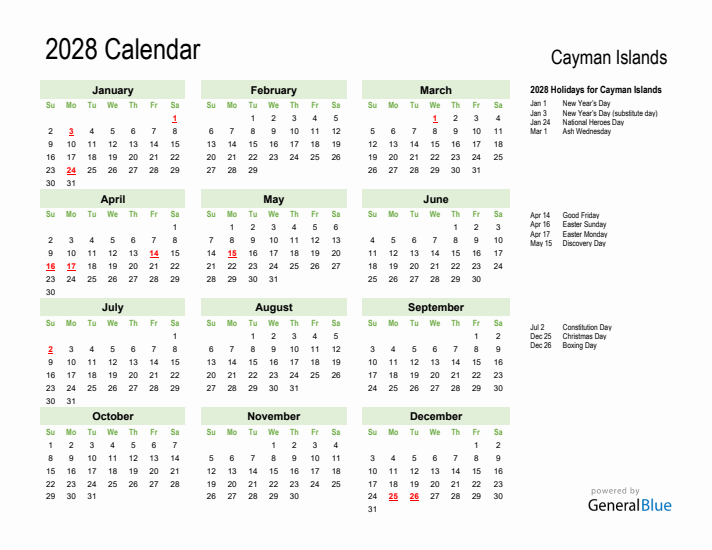 Holiday Calendar 2028 for Cayman Islands (Sunday Start)