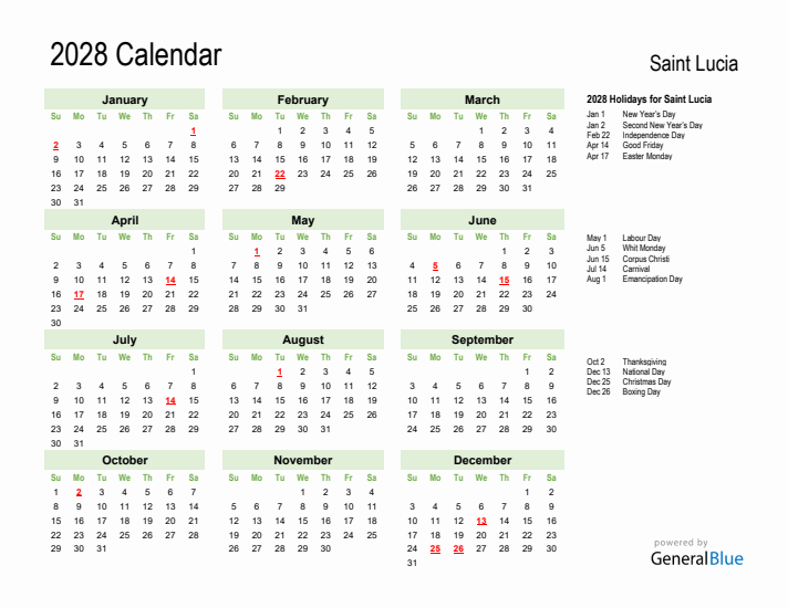 Holiday Calendar 2028 for Saint Lucia (Sunday Start)
