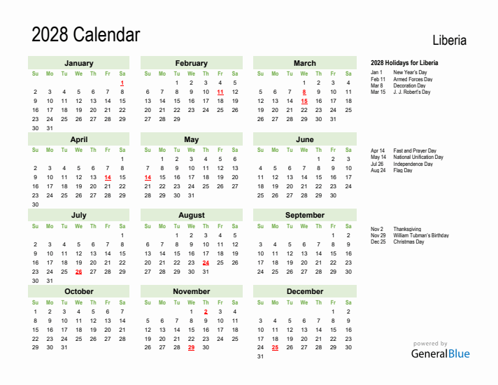 Holiday Calendar 2028 for Liberia (Sunday Start)