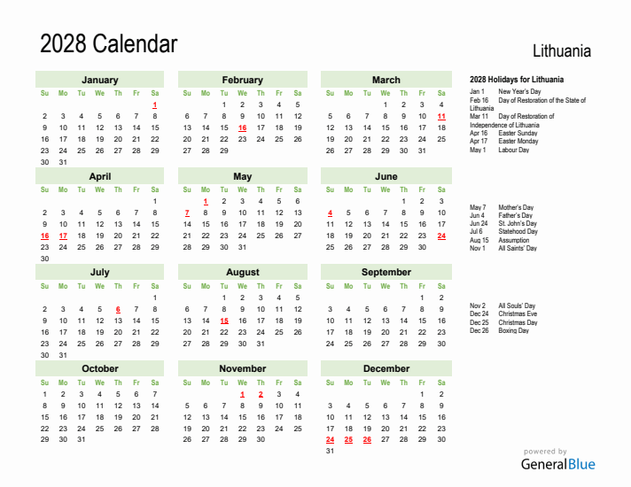 Holiday Calendar 2028 for Lithuania (Sunday Start)