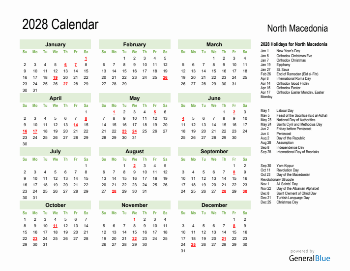 Holiday Calendar 2028 for North Macedonia (Sunday Start)