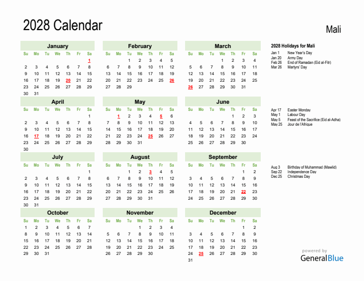 Holiday Calendar 2028 for Mali (Sunday Start)