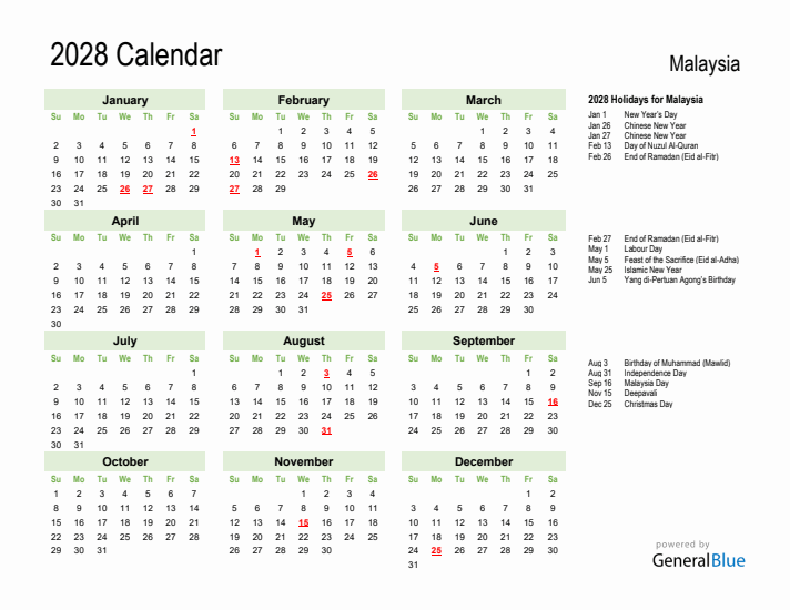 Holiday Calendar 2028 for Malaysia (Sunday Start)