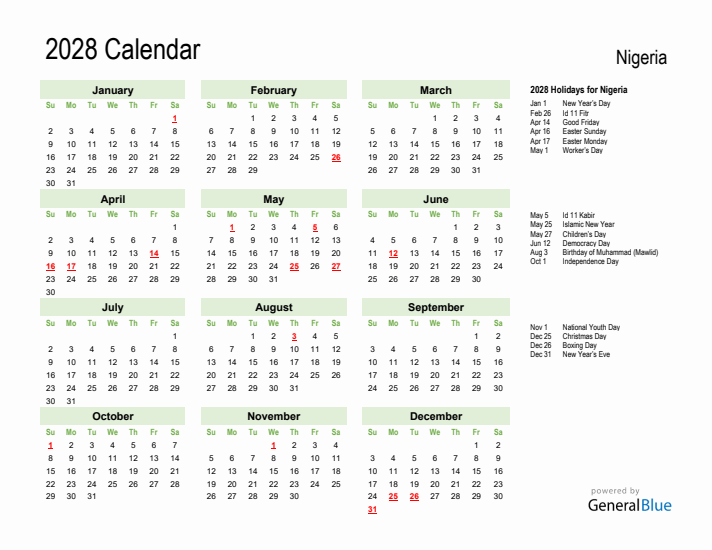 Holiday Calendar 2028 for Nigeria (Sunday Start)
