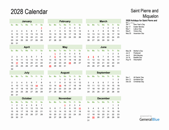 Holiday Calendar 2028 for Saint Pierre and Miquelon (Sunday Start)