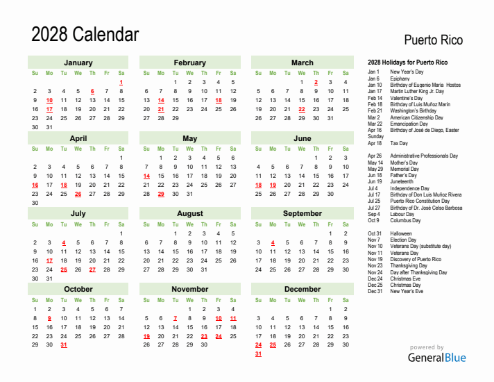Holiday Calendar 2028 for Puerto Rico (Sunday Start)