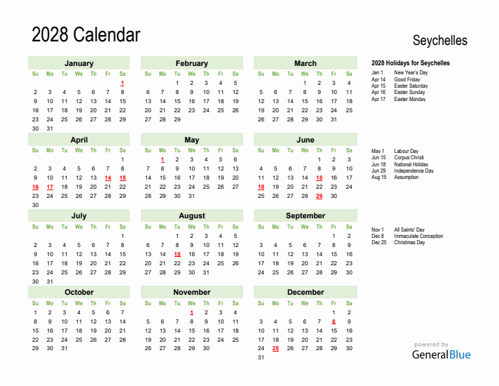 Holiday Calendar 2028 for Seychelles (Sunday Start)