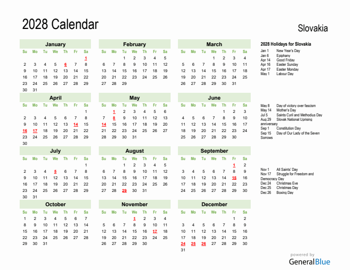 Holiday Calendar 2028 for Slovakia (Sunday Start)