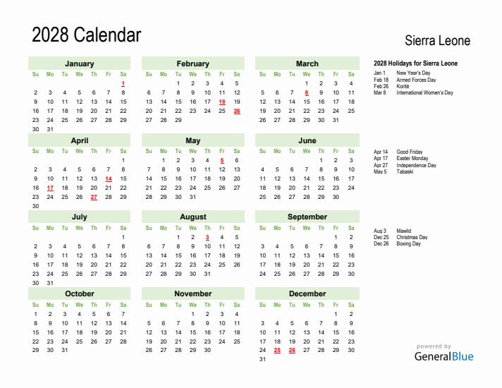 Holiday Calendar 2028 for Sierra Leone (Sunday Start)