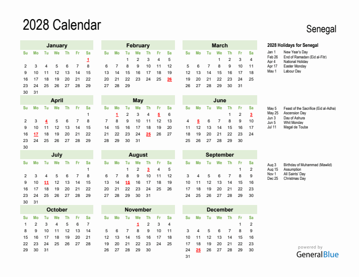 Holiday Calendar 2028 for Senegal (Sunday Start)