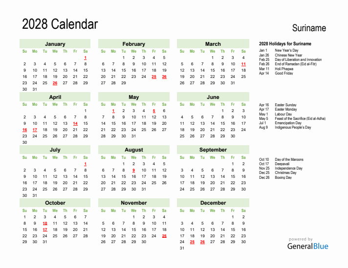 Holiday Calendar 2028 for Suriname (Sunday Start)