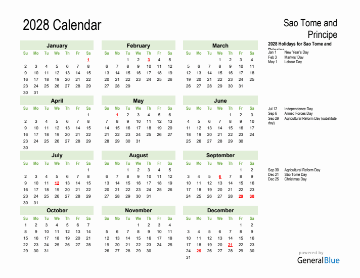 Holiday Calendar 2028 for Sao Tome and Principe (Sunday Start)