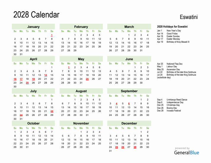 Holiday Calendar 2028 for Eswatini (Sunday Start)