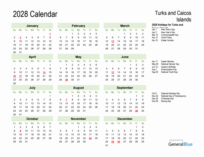 Holiday Calendar 2028 for Turks and Caicos Islands (Sunday Start)