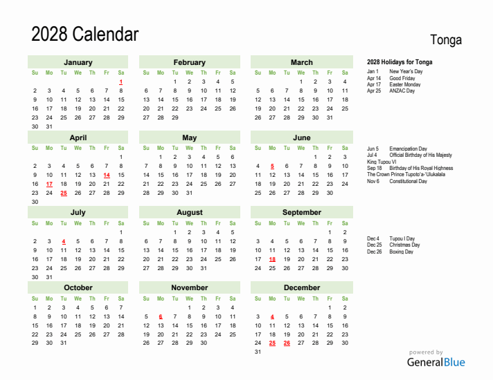 Holiday Calendar 2028 for Tonga (Sunday Start)