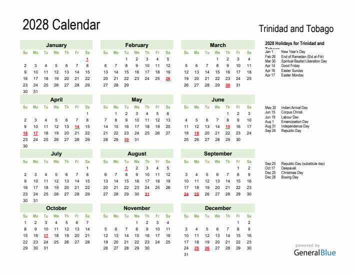Holiday Calendar 2028 for Trinidad and Tobago (Sunday Start)