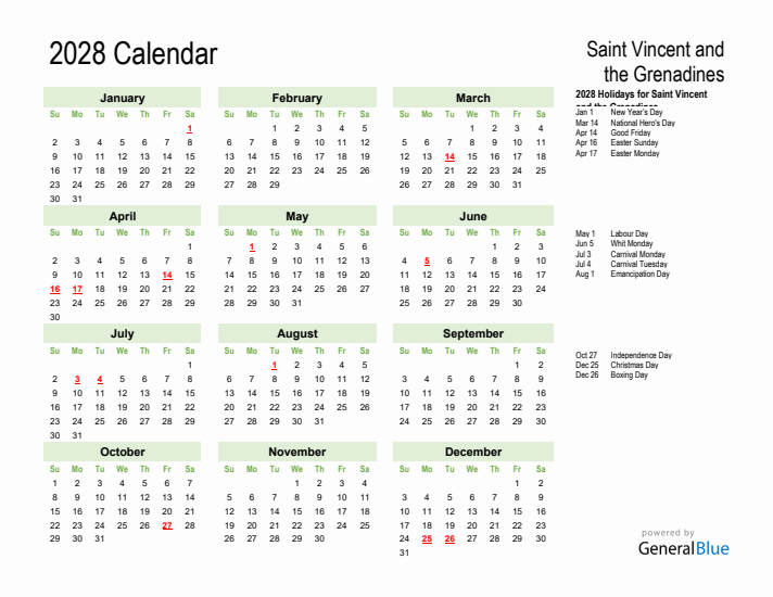 Holiday Calendar 2028 for Saint Vincent and the Grenadines (Sunday Start)