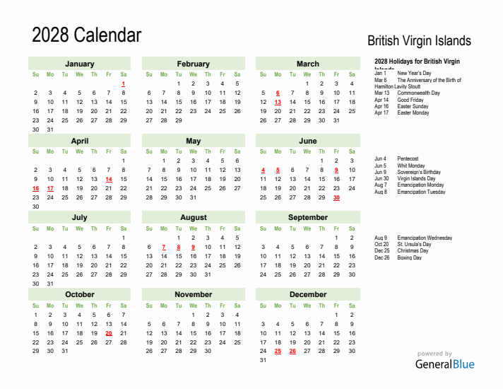 Holiday Calendar 2028 for British Virgin Islands (Sunday Start)