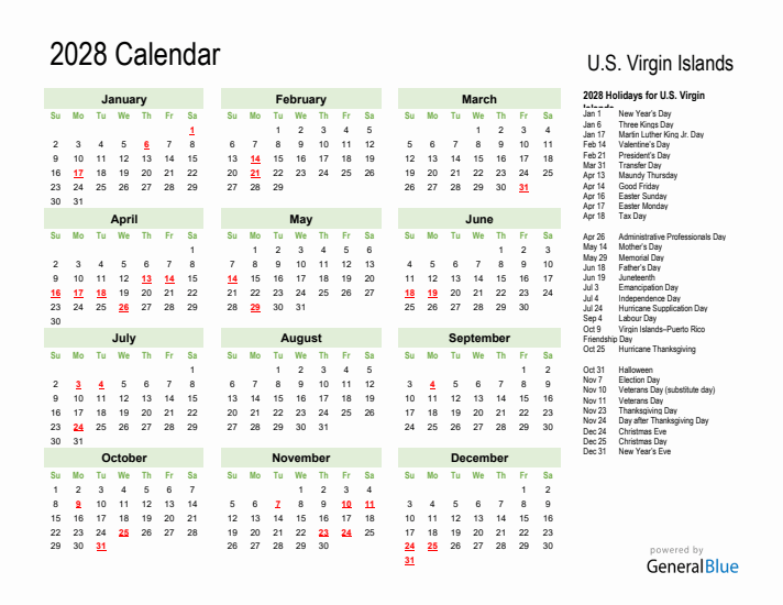 Holiday Calendar 2028 for U.S. Virgin Islands (Sunday Start)