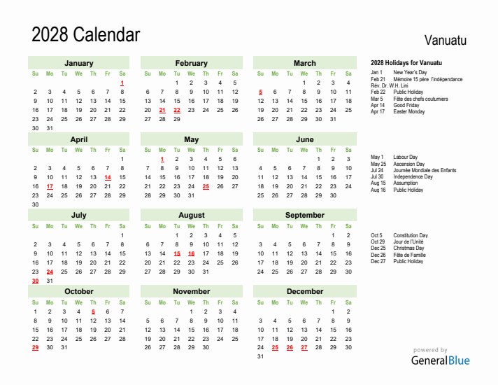 Holiday Calendar 2028 for Vanuatu (Sunday Start)