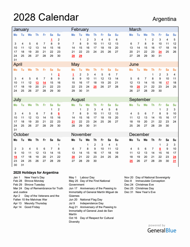 Calendar 2028 with Argentina Holidays