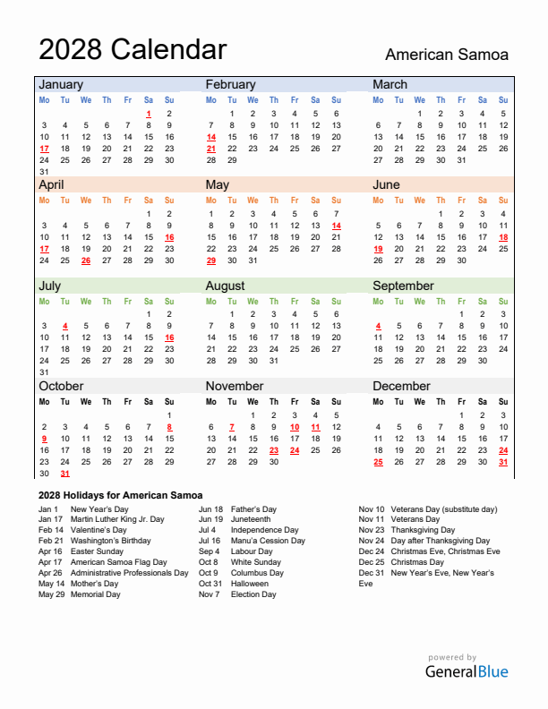 Calendar 2028 with American Samoa Holidays
