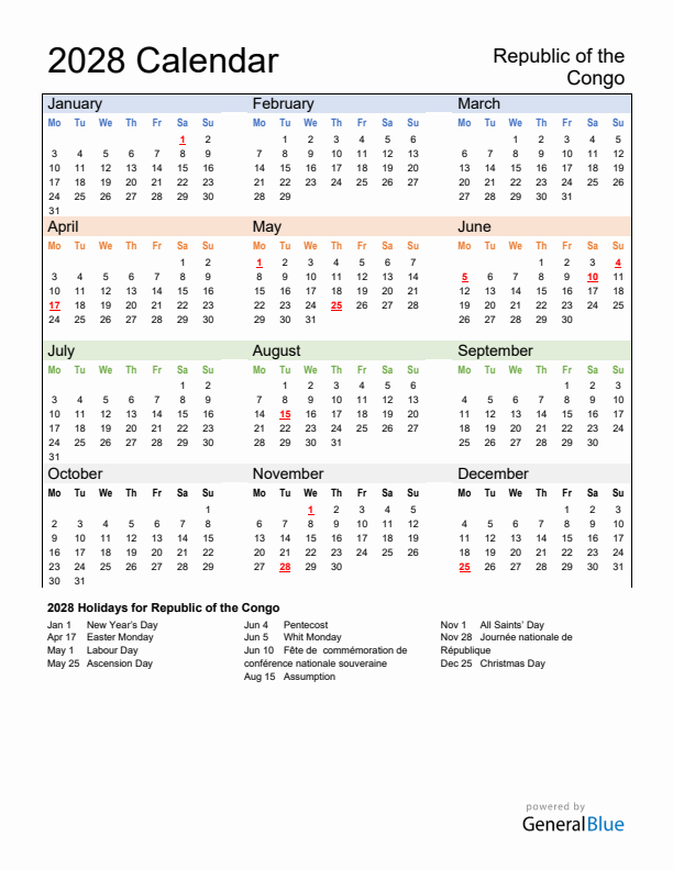 Calendar 2028 with Republic of the Congo Holidays