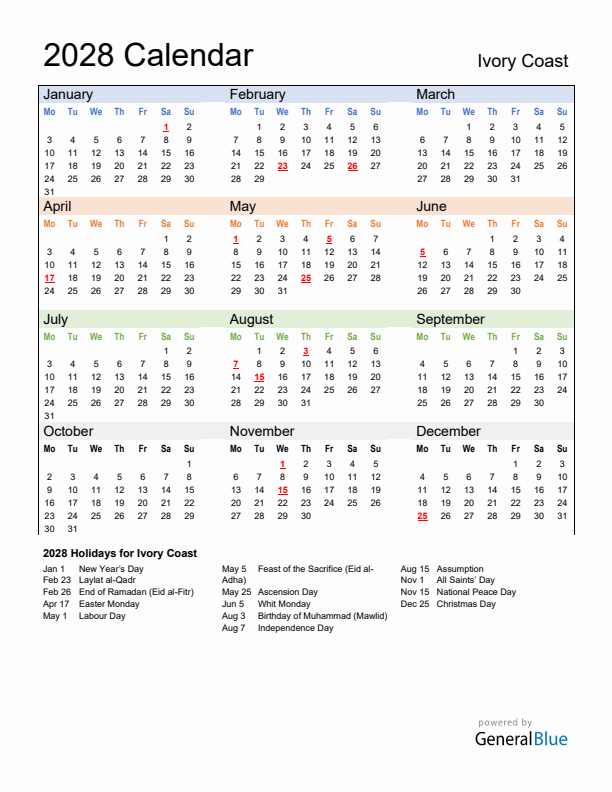 Calendar 2028 with Ivory Coast Holidays