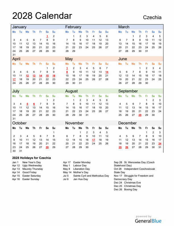 Calendar 2028 with Czechia Holidays