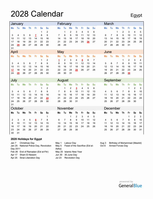 Calendar 2028 with Egypt Holidays