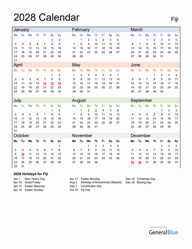 Calendar 2028 with Fiji Holidays
