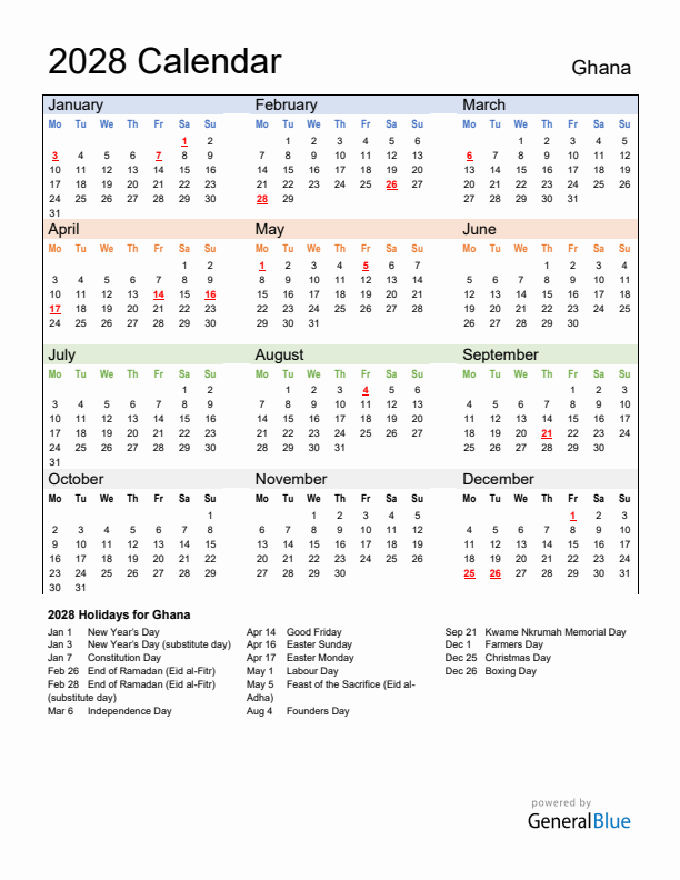 Calendar 2028 with Ghana Holidays