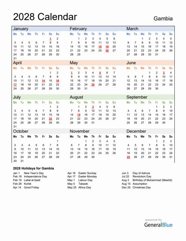 Calendar 2028 with Gambia Holidays