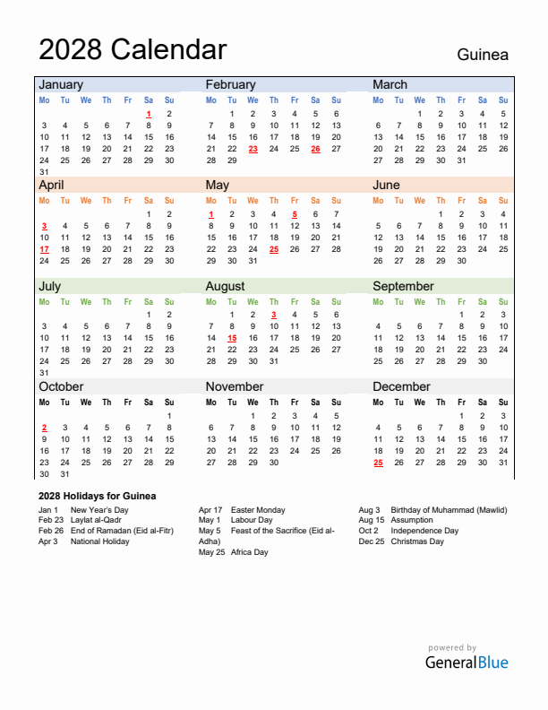 Calendar 2028 with Guinea Holidays
