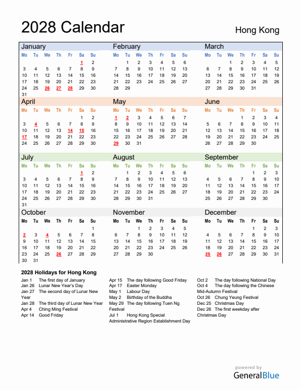 Calendar 2028 with Hong Kong Holidays