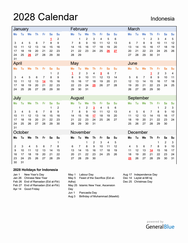 Calendar 2028 with Indonesia Holidays