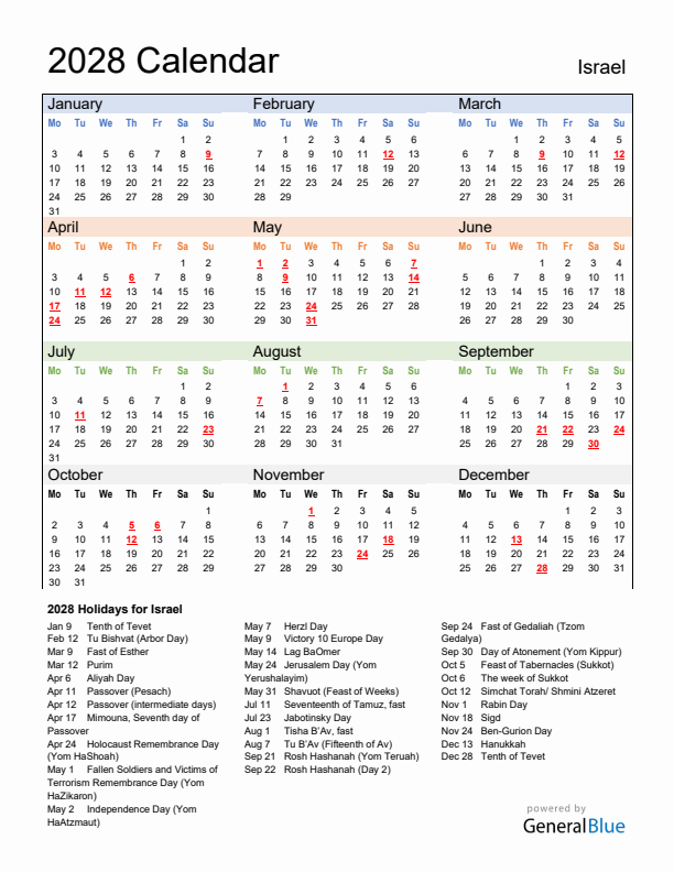 Calendar 2028 with Israel Holidays