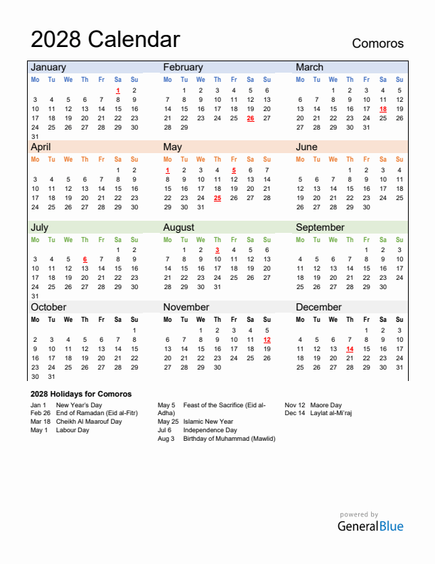 Calendar 2028 with Comoros Holidays