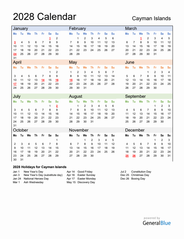 Calendar 2028 with Cayman Islands Holidays