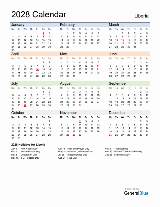 Calendar 2028 with Liberia Holidays