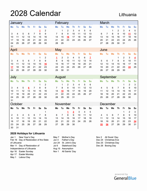 Calendar 2028 with Lithuania Holidays