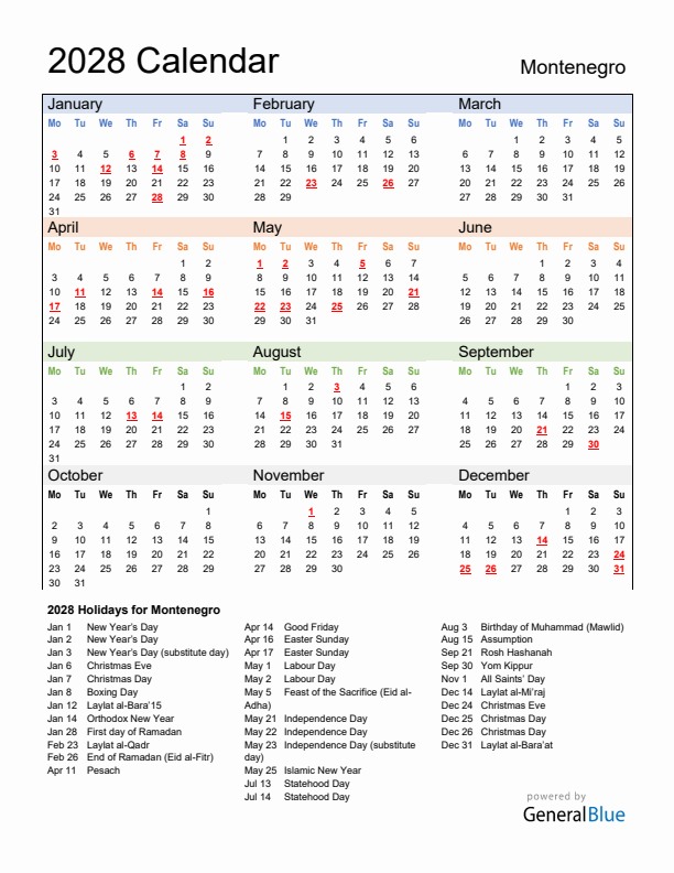Calendar 2028 with Montenegro Holidays