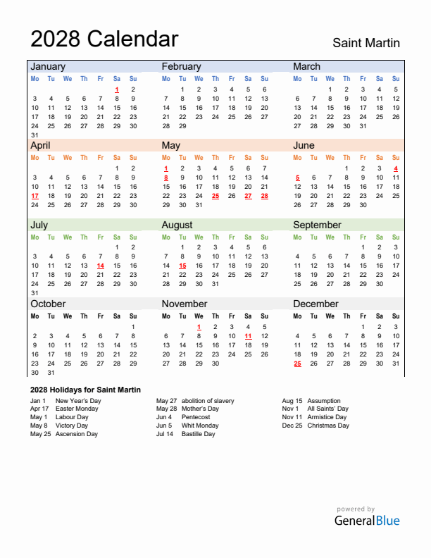 Calendar 2028 with Saint Martin Holidays