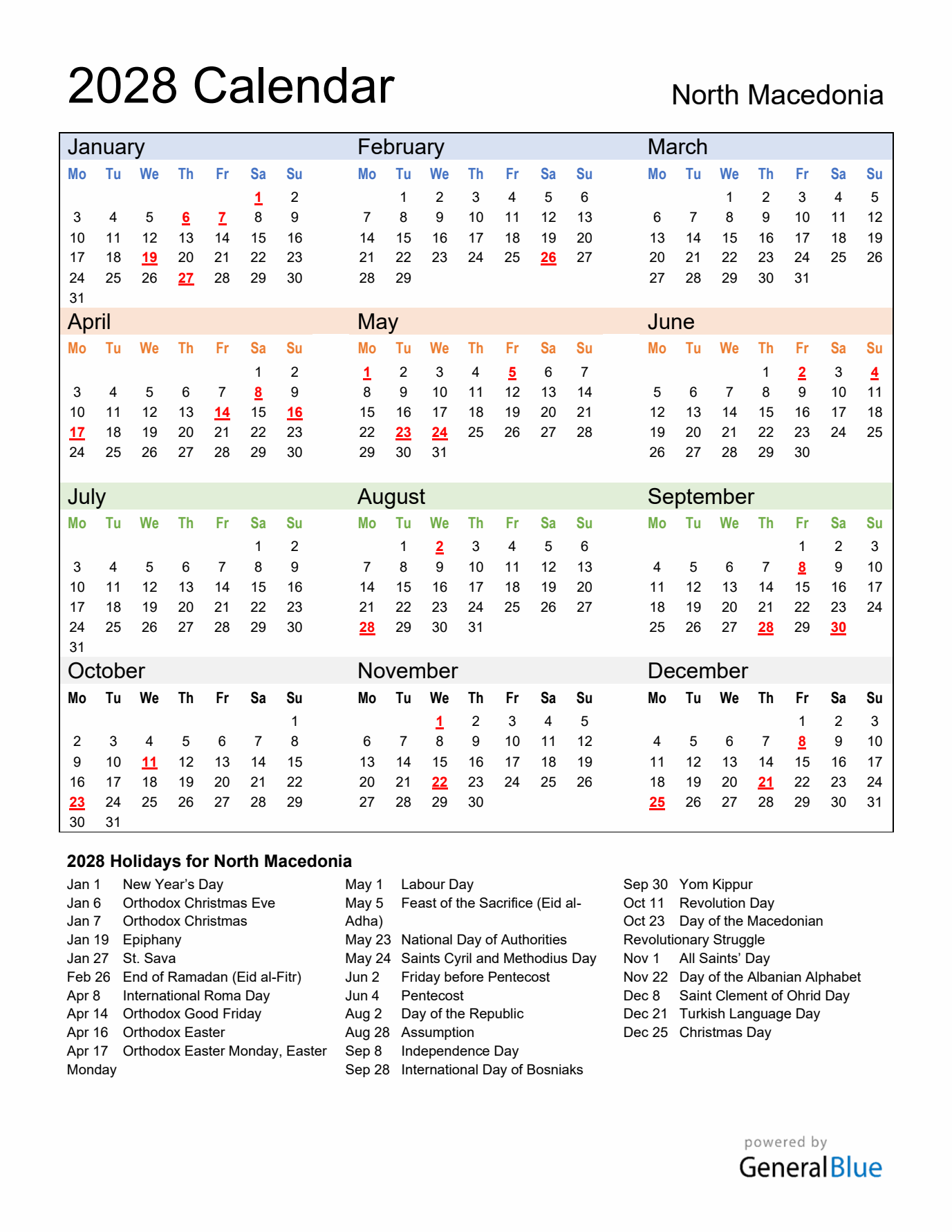 Calendar 2028 with North Macedonia Holidays