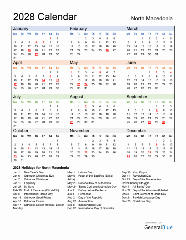 Calendar 2028 with North Macedonia Holidays