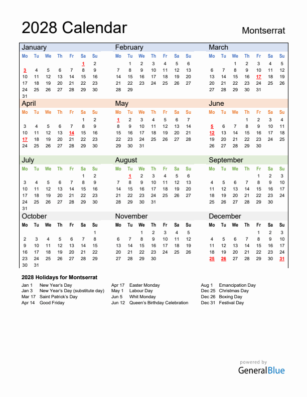 Calendar 2028 with Montserrat Holidays
