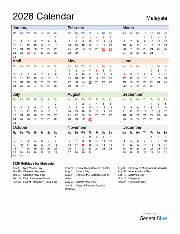 Calendar 2028 with Malaysia Holidays