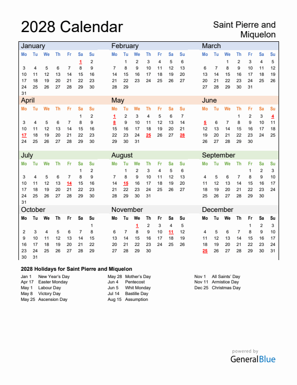 Calendar 2028 with Saint Pierre and Miquelon Holidays
