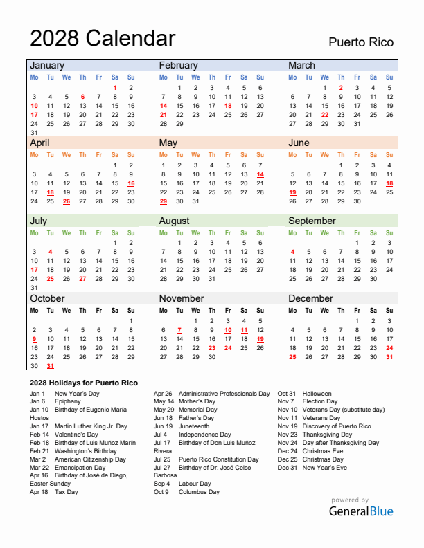 Calendar 2028 with Puerto Rico Holidays