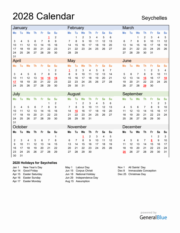 Calendar 2028 with Seychelles Holidays